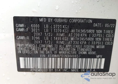 2022 Subaru Ascent Limited z USA, uszkodzony, nr VIN 4S4WMAPD3N3440857